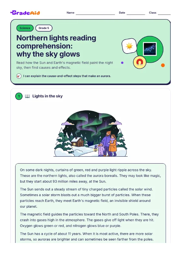 Page 1 of Northern lights reading comprehension: why the sky glows