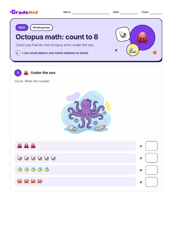 Page 1 of Octopus math: count to 8