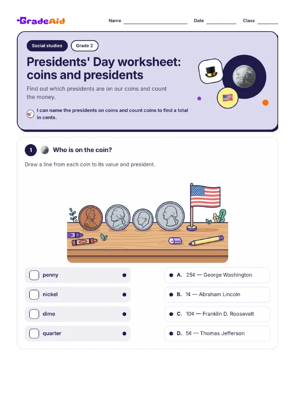 Page 1 of Presidents' Day worksheet: coins and presidents