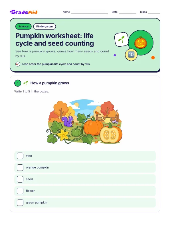 Page 1 of Pumpkin worksheet: life cycle and seed counting