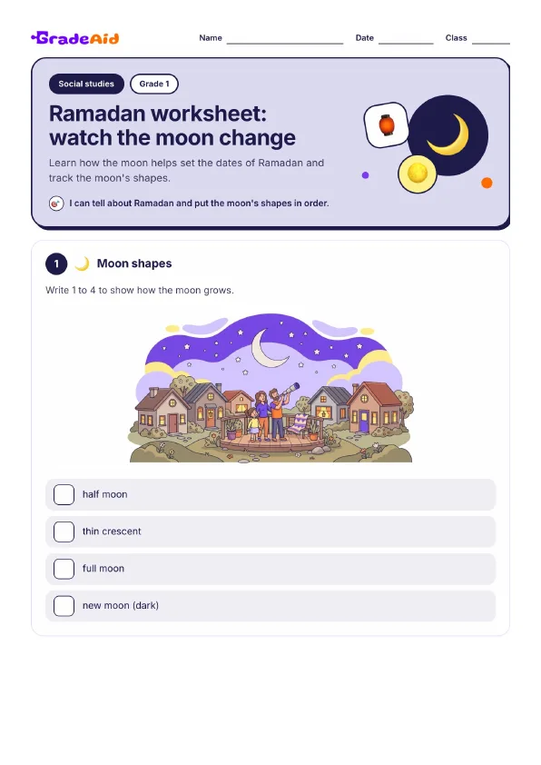 Page 1 of Ramadan worksheet: watch the moon change