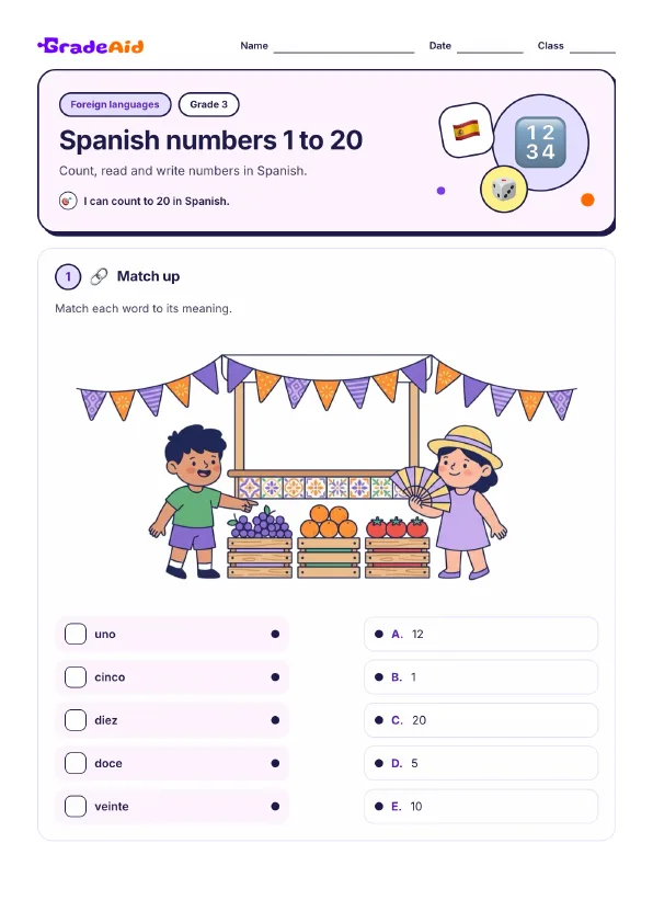 Page 1 of Spanish numbers 1 to 20