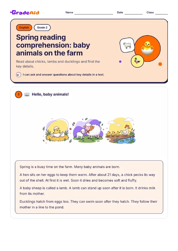Page 1 of Spring reading comprehension: baby animals on the farm