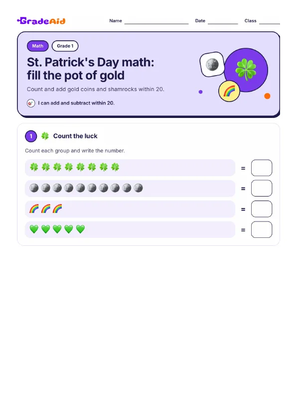 Page 1 of St. Patrick's Day math: fill the pot of gold