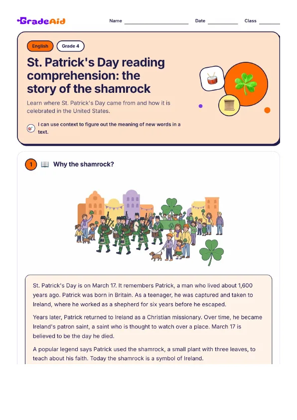 Page 1 of St. Patrick's Day reading comprehension: the story of the shamrock
