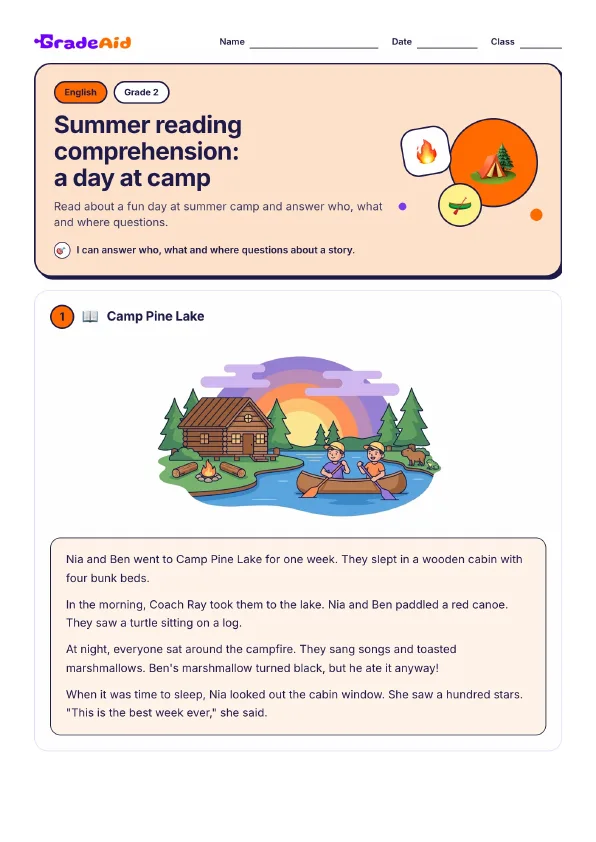 Page 1 of Summer reading comprehension: a day at camp