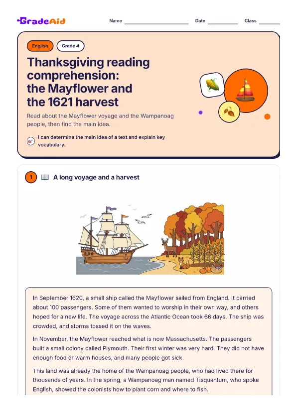 Page 1 of Thanksgiving reading comprehension: the Mayflower and the 1621 harvest