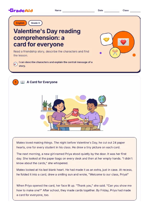 Page 1 of Valentine's Day reading comprehension: a card for everyone