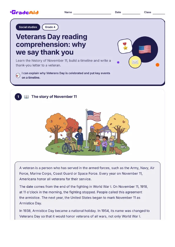 Page 1 of Veterans Day reading comprehension: why we say thank you