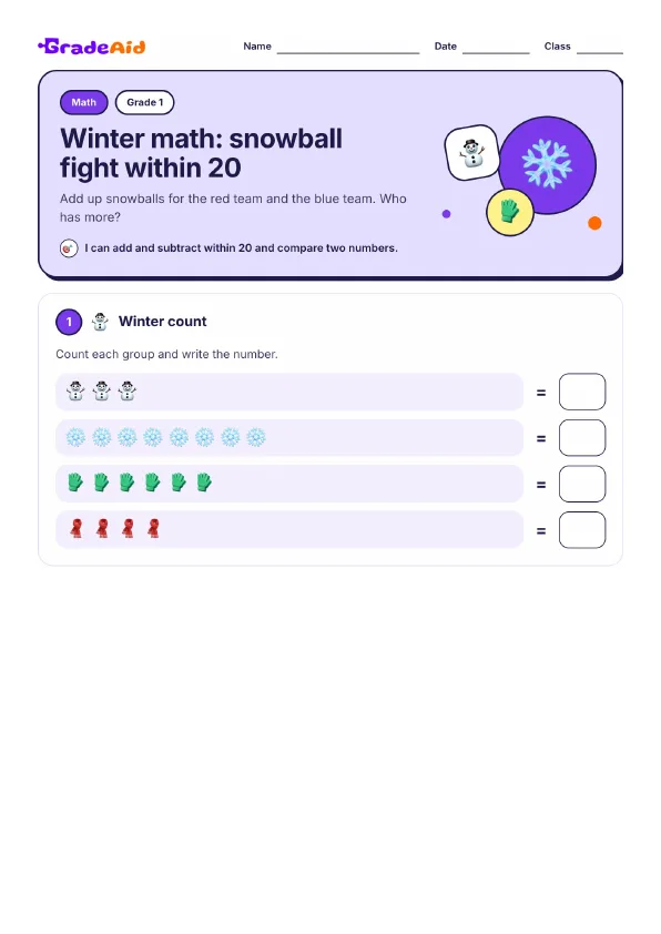 Page 1 of Winter math: snowball fight within 20