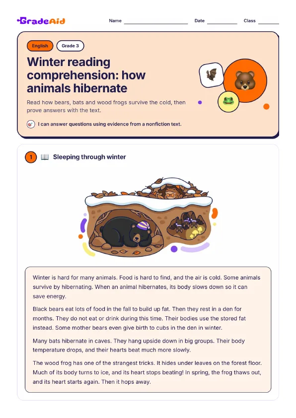 Page 1 of Winter reading comprehension: how animals hibernate