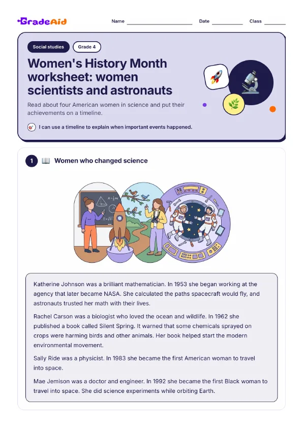 Page 1 of Women's History Month worksheet: women scientists and astronauts