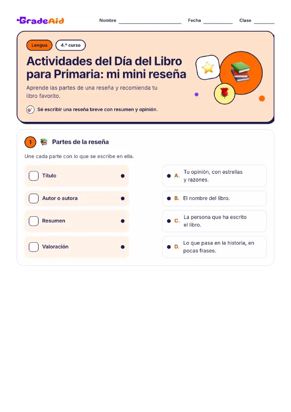 Página 1 de Actividades del Día del Libro para Primaria: mi mini reseña
