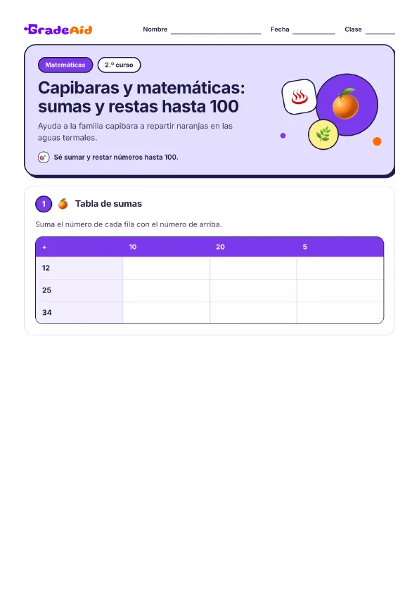 Página 1 de Capibaras y matemáticas: sumas y restas hasta 100
