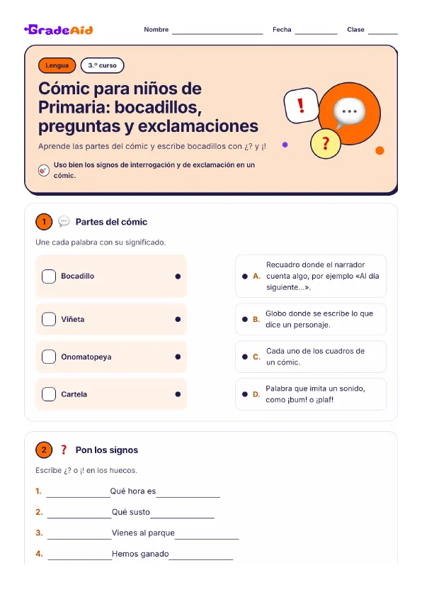 Página 1 de Cómic para niños de ! Primaria: bocadillos, preguntas y exclamaciones
