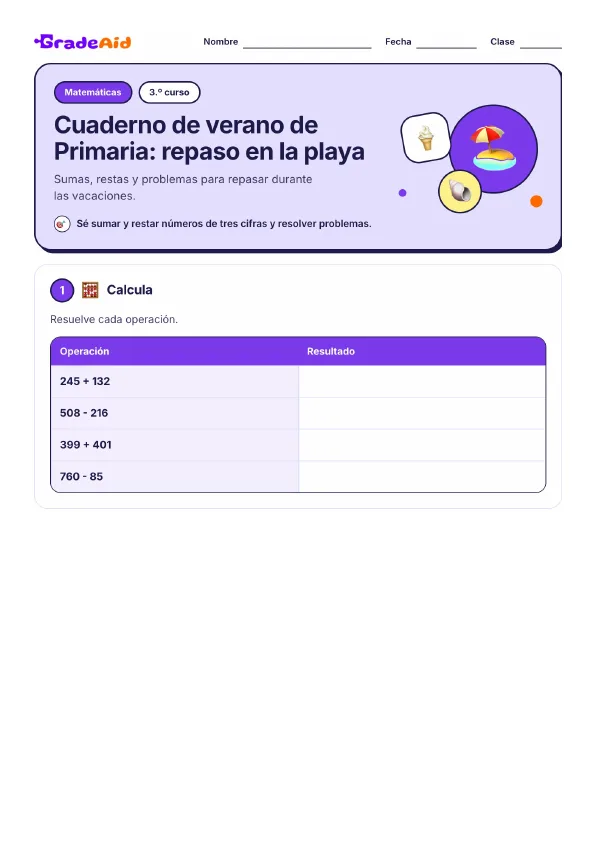 Página 1 de Cuaderno de verano de Primaria: repaso en la playa