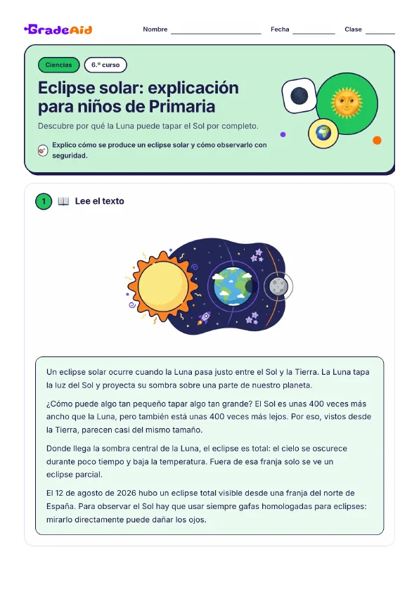 Página 1 de Eclipse solar: explicación para niños de Primaria
