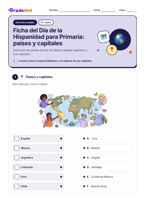 Página 1 de Ficha del Día de la Hispanidad para Primaria: países y capitales