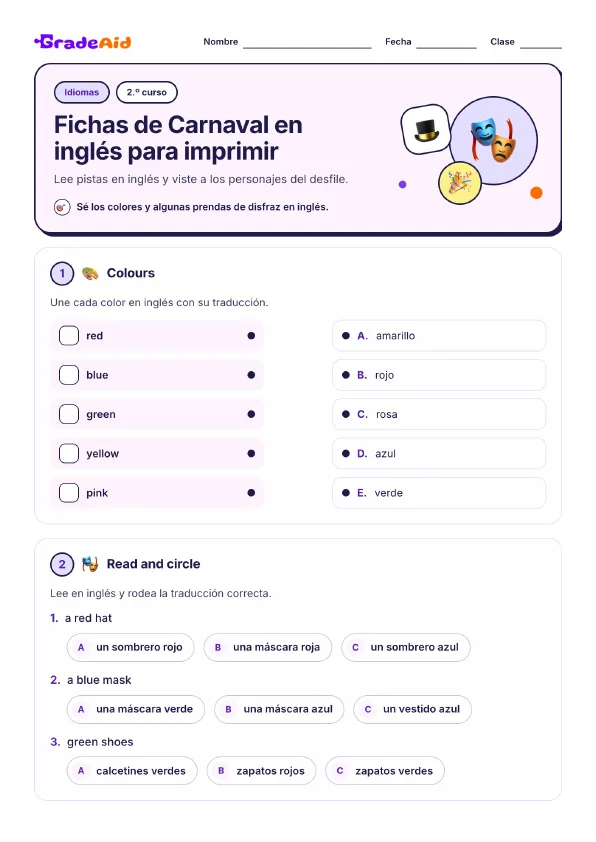 Página 1 de Fichas de Carnaval en inglés para imprimir
