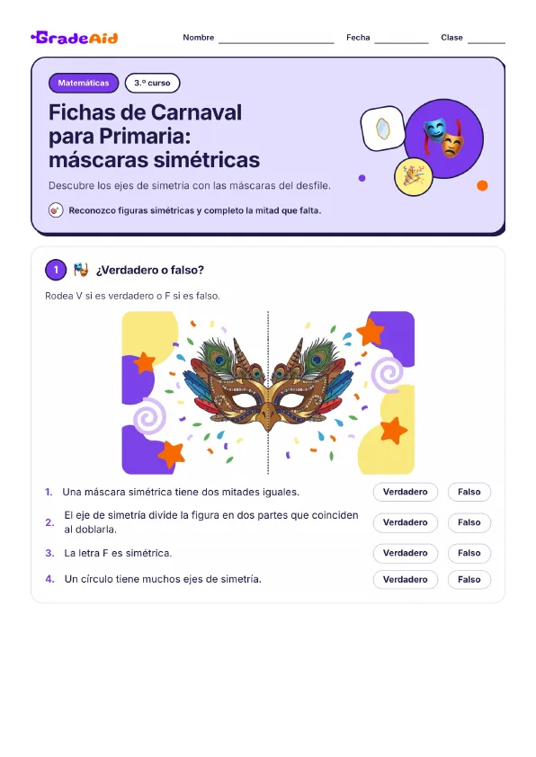 Página 1 de Fichas de Carnaval para Primaria: máscaras simétricas