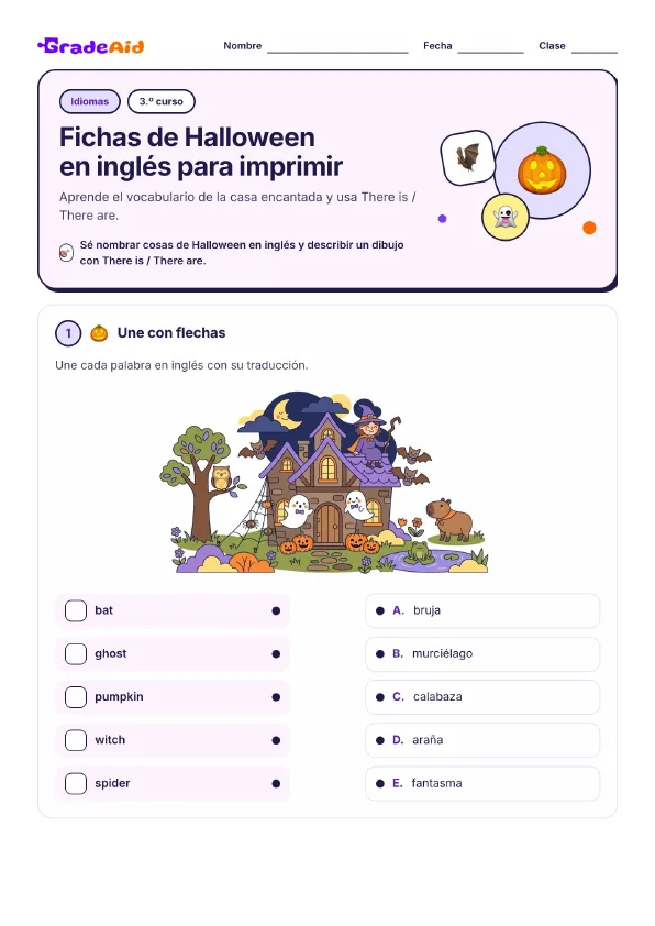 Página 1 de Fichas de Halloween en inglés para imprimir