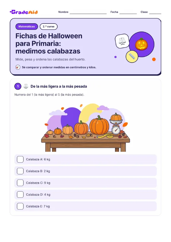Página 1 de Fichas de Halloween para Primaria: medimos calabazas