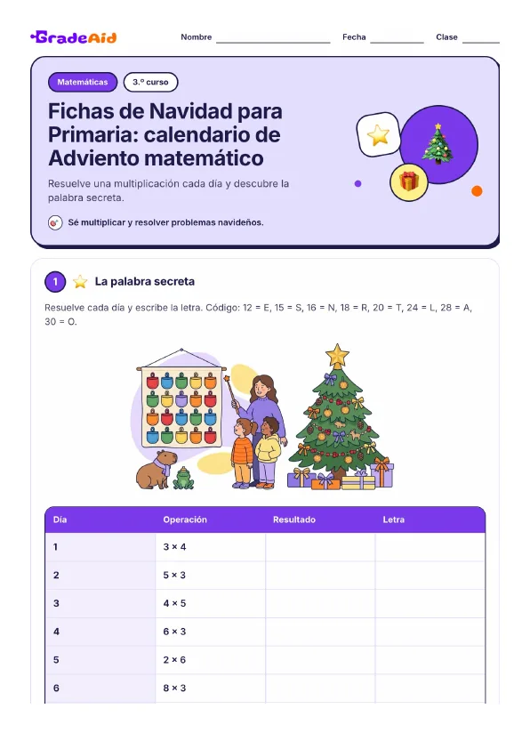 Página 1 de Fichas de Navidad para Primaria: calendario de Adviento matemático