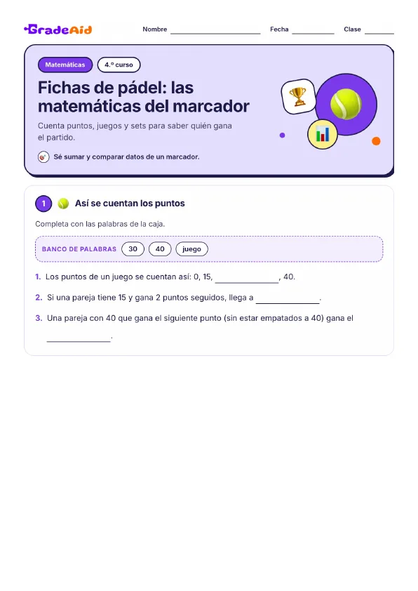 Página 1 de Fichas de pádel: las matemáticas del marcador
