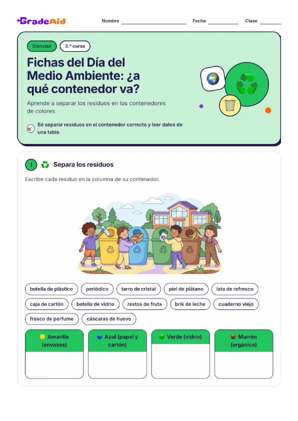 Página 1 de Fichas del Día del Medio Ambiente: ¿a qué contenedor va?