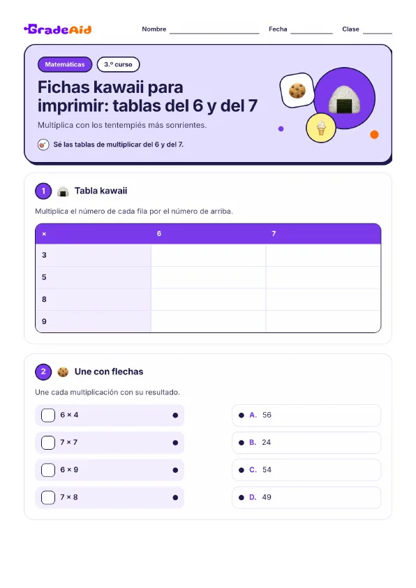Página 1 de Fichas kawaii para imprimir: tablas del 6 y del 7
