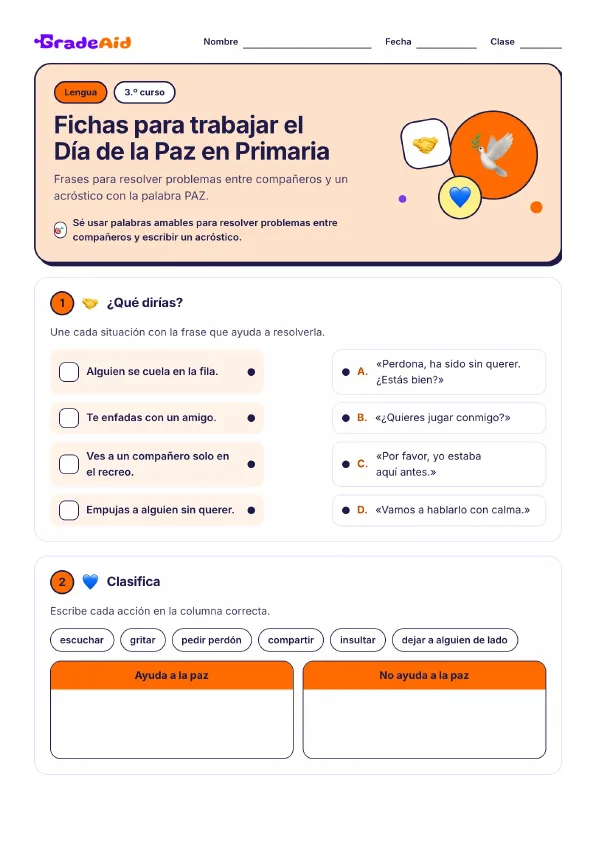 Página 1 de Fichas para trabajar el Día de la Paz en Primaria