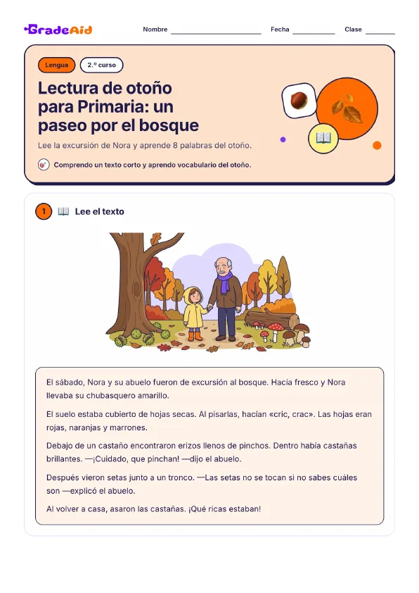 Página 1 de Lectura de otoño para Primaria: un paseo por el bosque