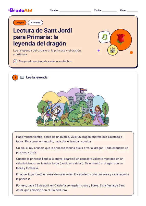 Página 1 de Lectura de Sant Jordi para Primaria: la leyenda del dragón