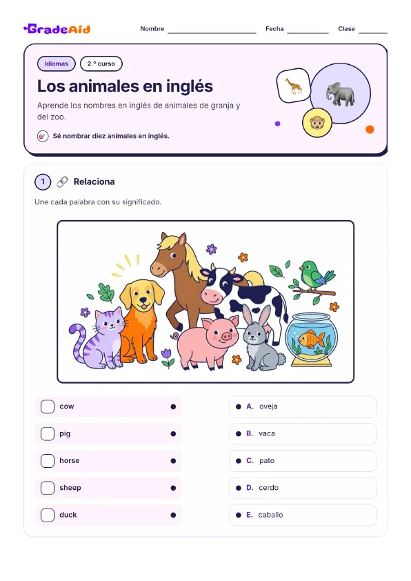 Página 1 de Los animales en inglés