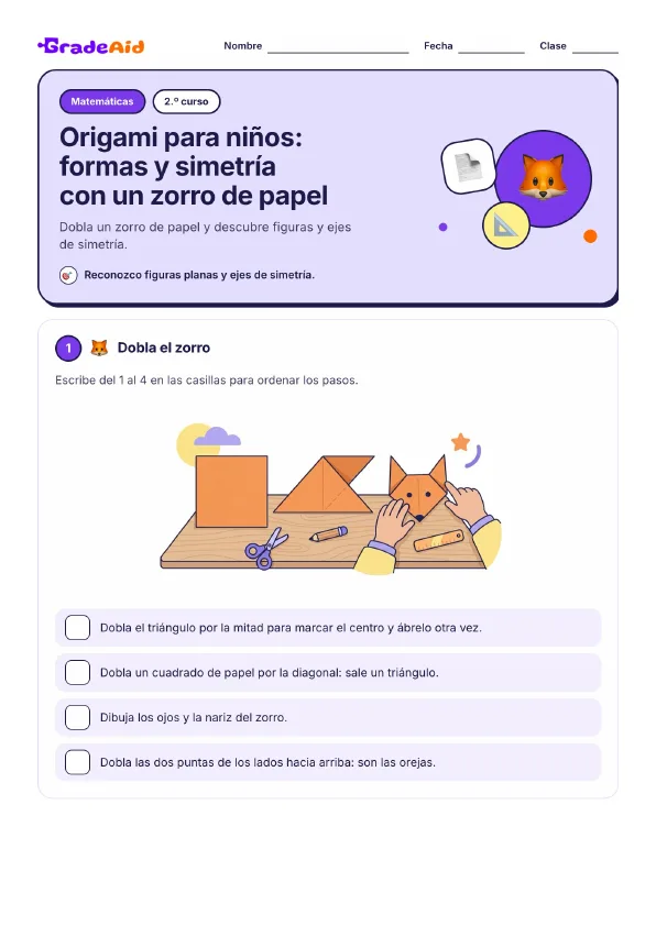 Página 1 de Origami para niños: formas y simetría con un zorro de papel