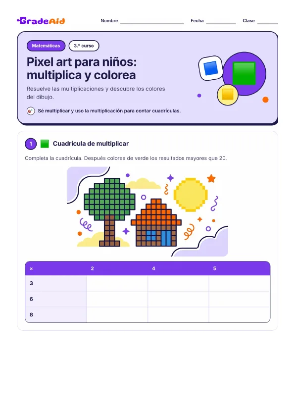 Página 1 de Pixel art para niños: multiplica y colorea