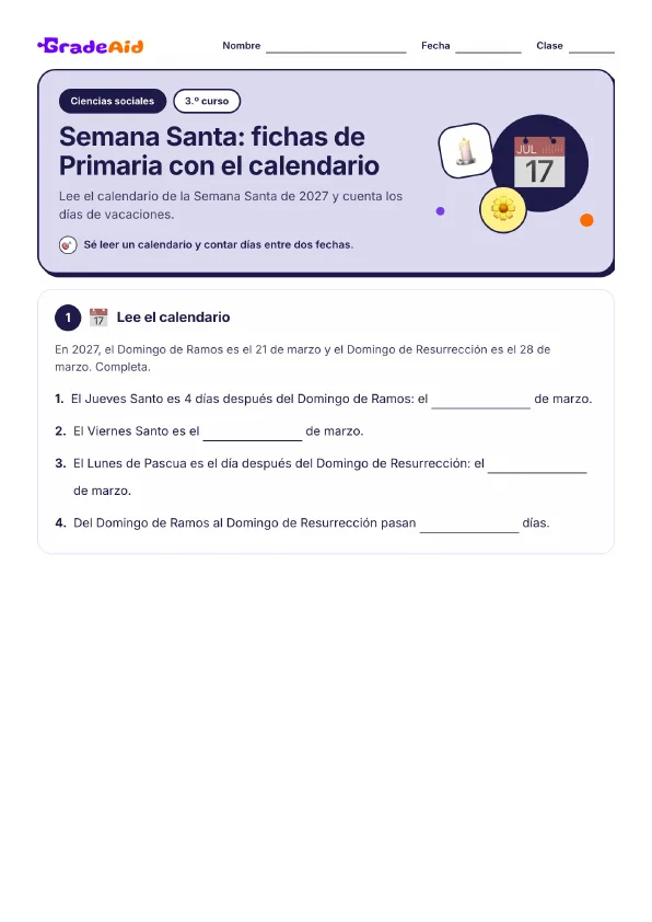 Página 1 de Semana Santa: fichas de Primaria con el calendario