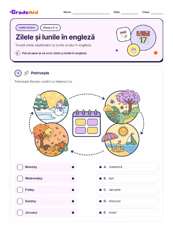 Pagina 1 din Zilele și lunile în engleză 17