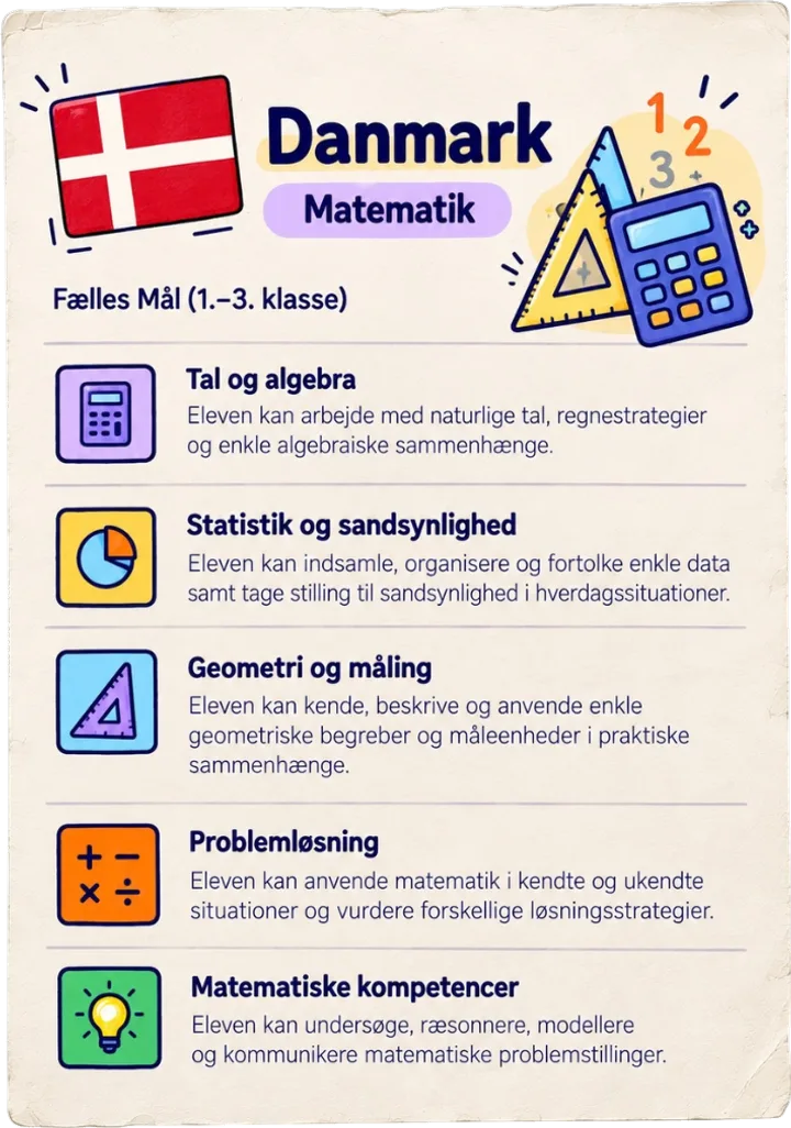 Curriculum goals: Danmark, Matematik, Fælles Mål 1.–3. klasse