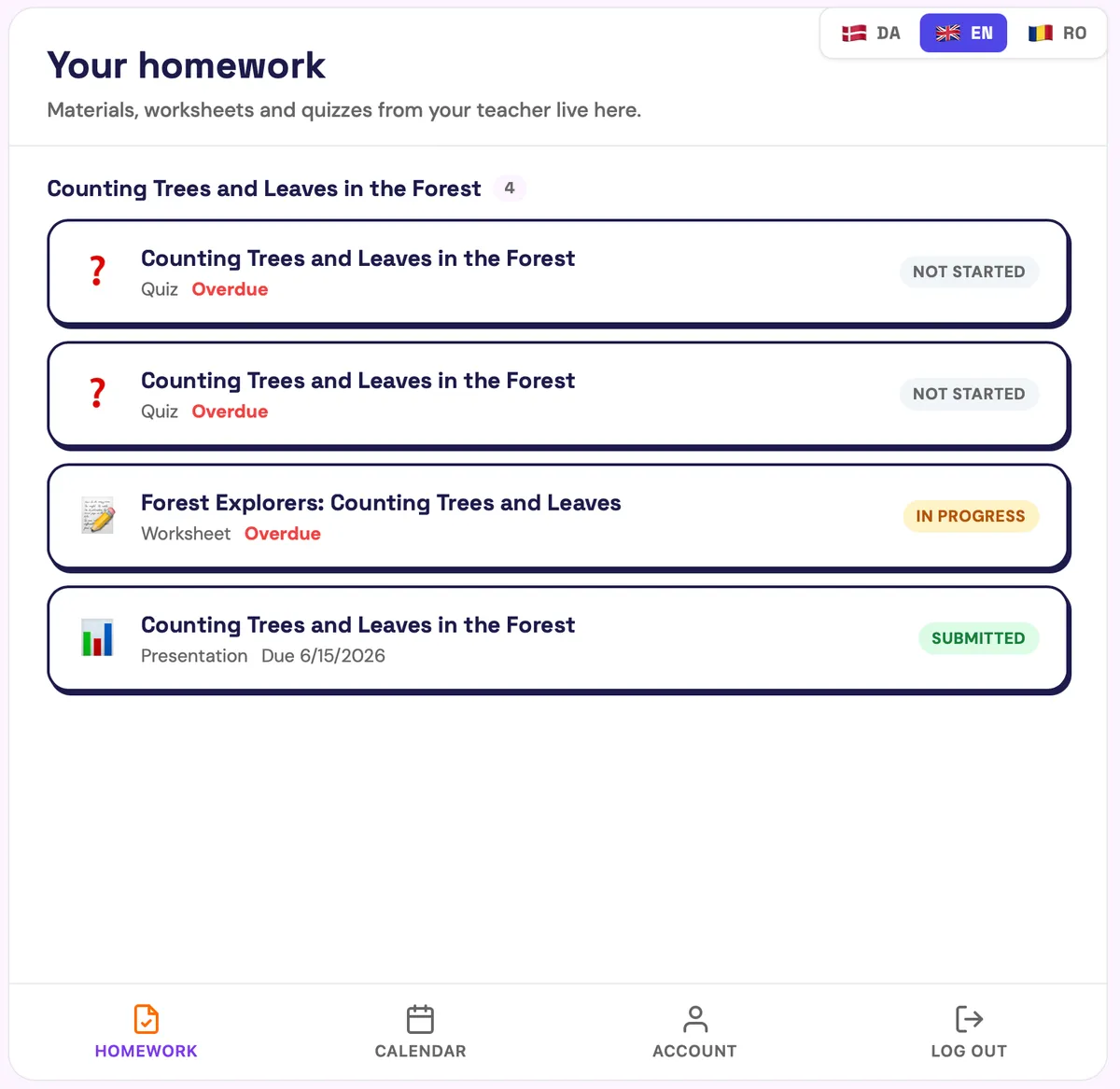 A GradeAid class view listing students and the submission status of each homework assignment