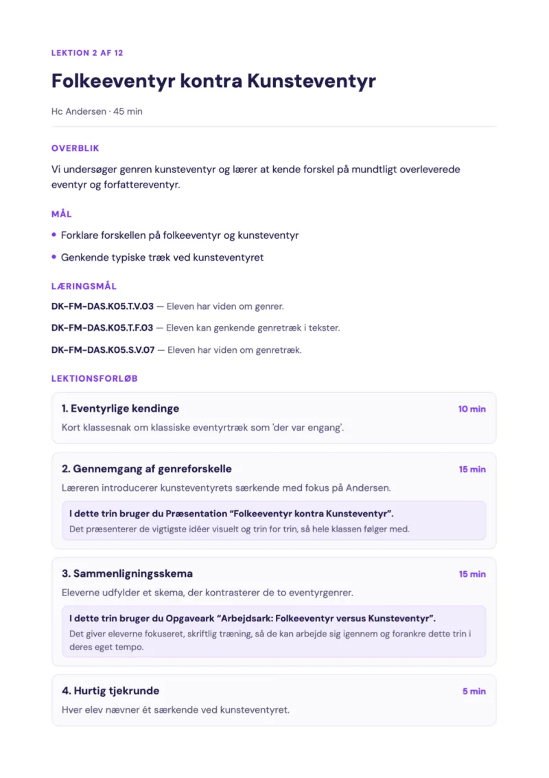 Lesson plan: Folkeeventyr kontra Kunsteventyr