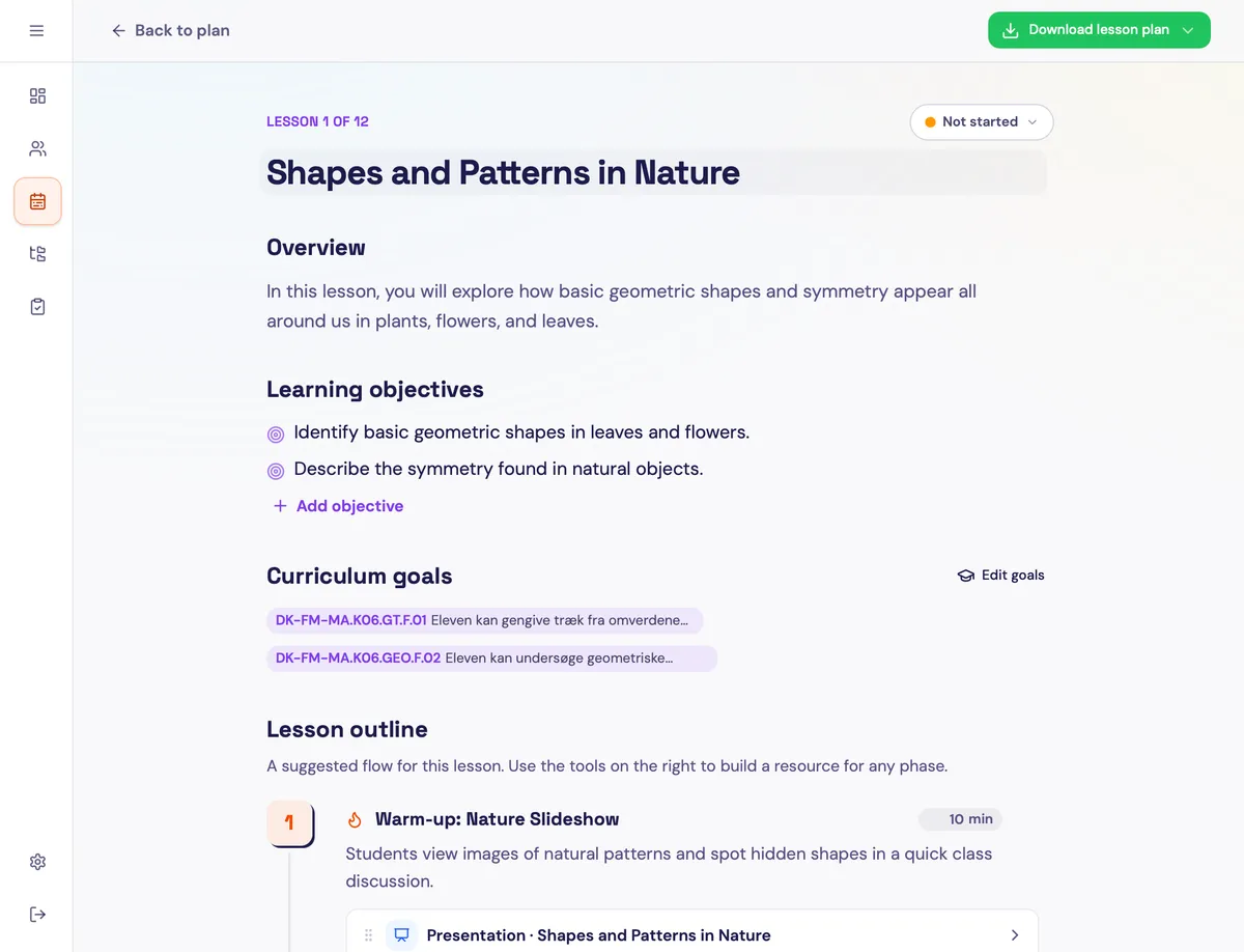 A full, curriculum-aligned lesson plan generated in GradeAid, with objectives and a timed activity flow