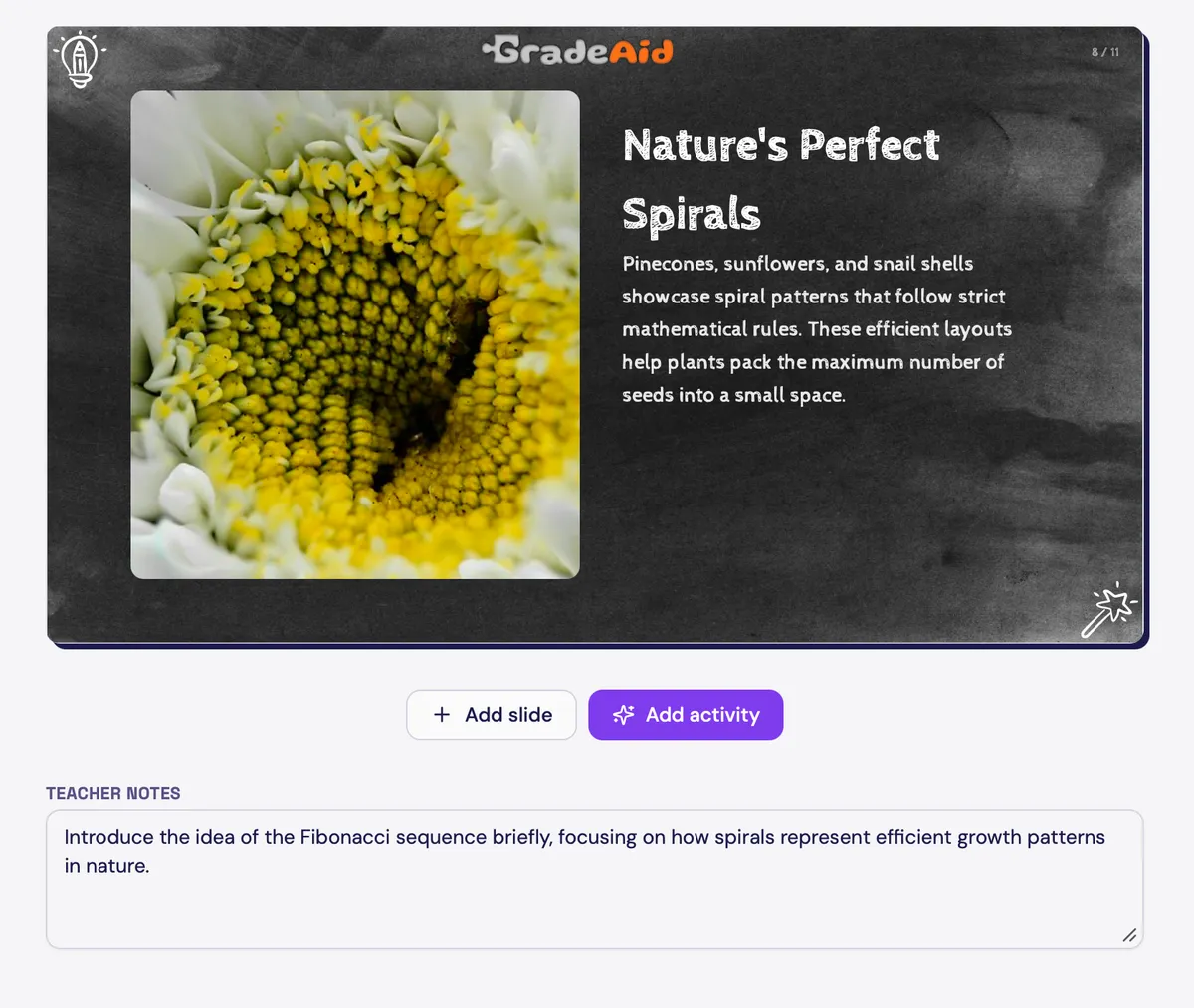A curriculum-aligned lesson slide deck generated in GradeAid, with an activity added to a slide