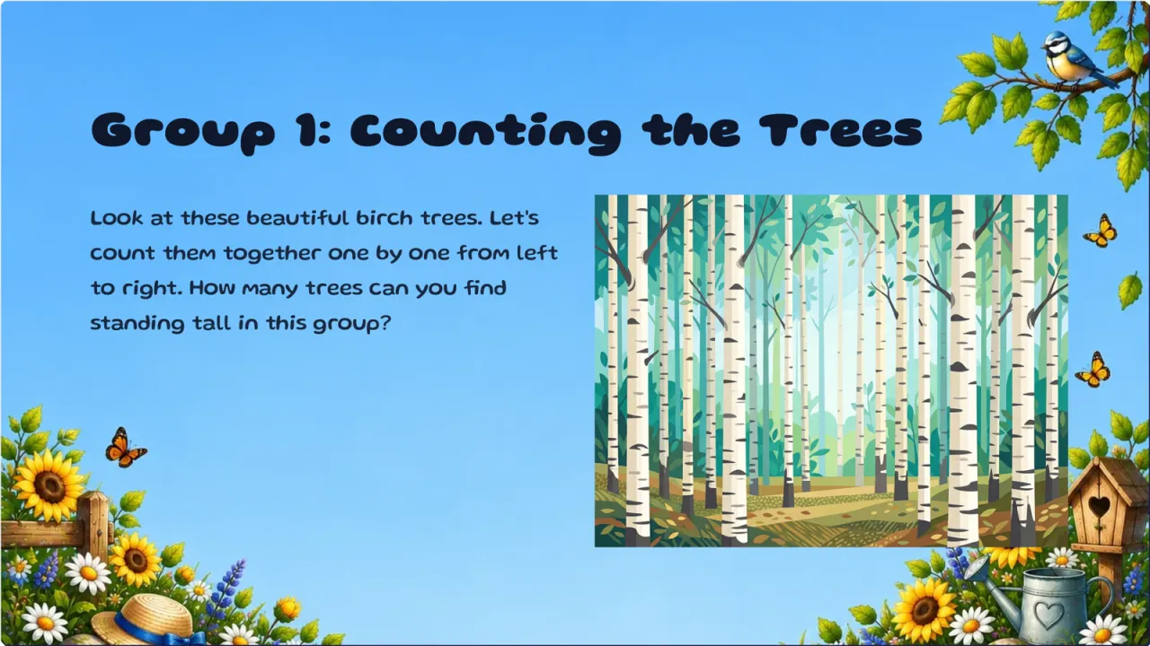 Forest Math: Counting Trees and Leaves, næste slide: Group 1: Counting the trees