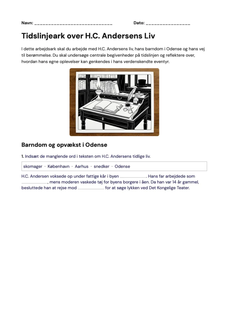 Worksheet: Tidslinjeark over H.C. Andersens Liv