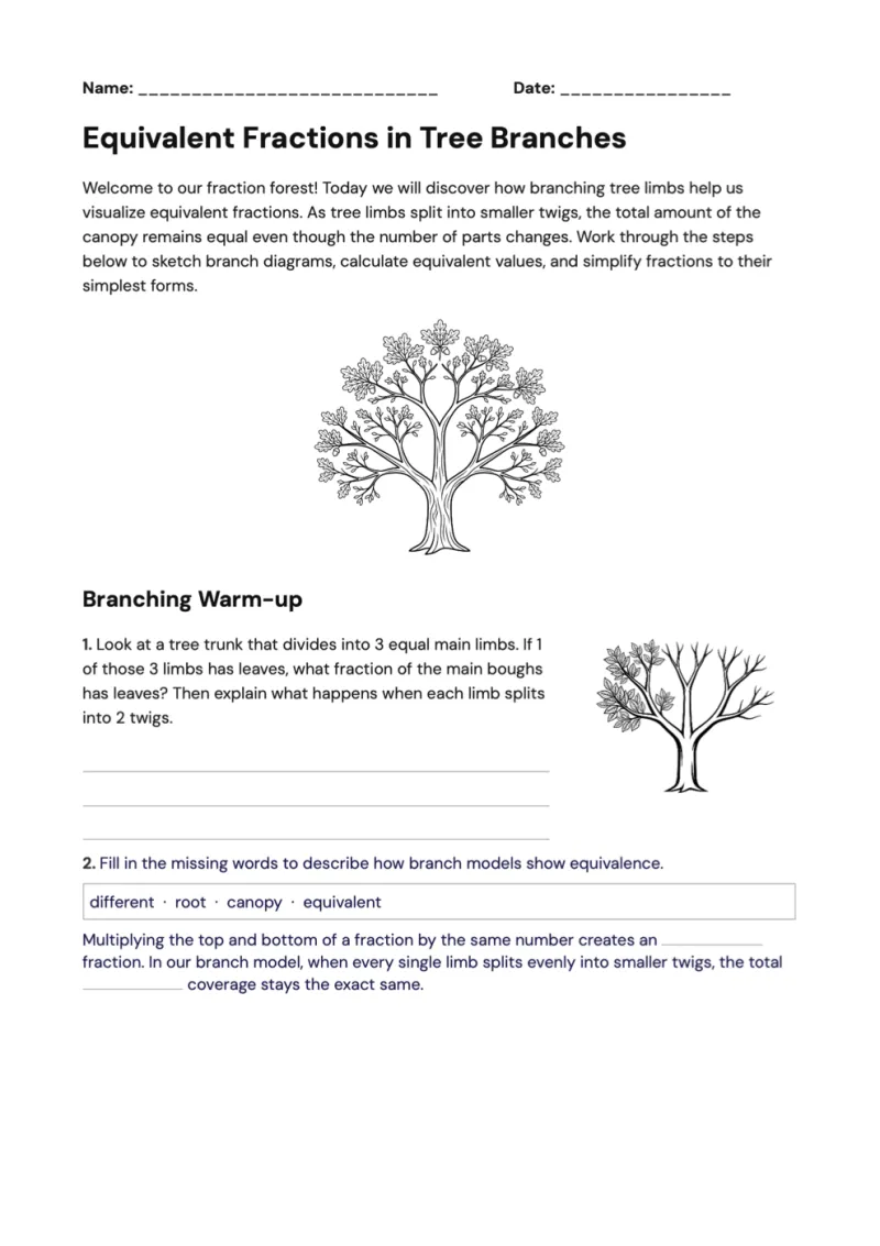 Worksheet: Equivalent Fractions in Tree Branches