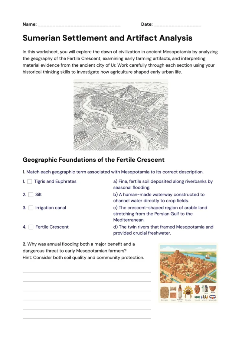 Worksheet: Sumerian Settlement and Artifact Analysis